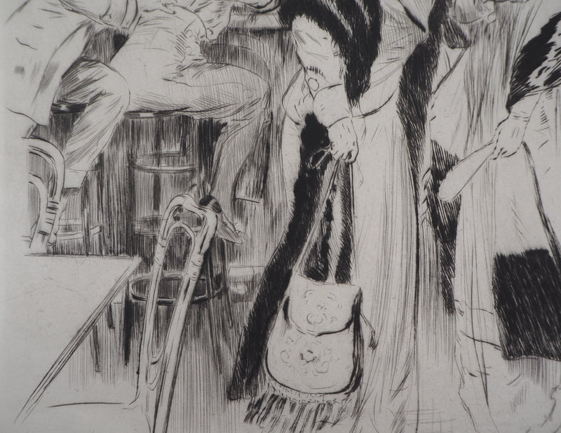 Alméry LOBEL-RICHE : Au café - Gravure (détail)