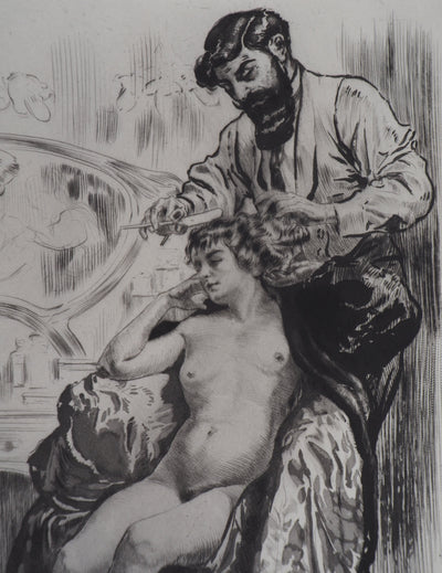 Alméry LOBEL-RICHE : Coiffeur libertin - Gravure (détail)