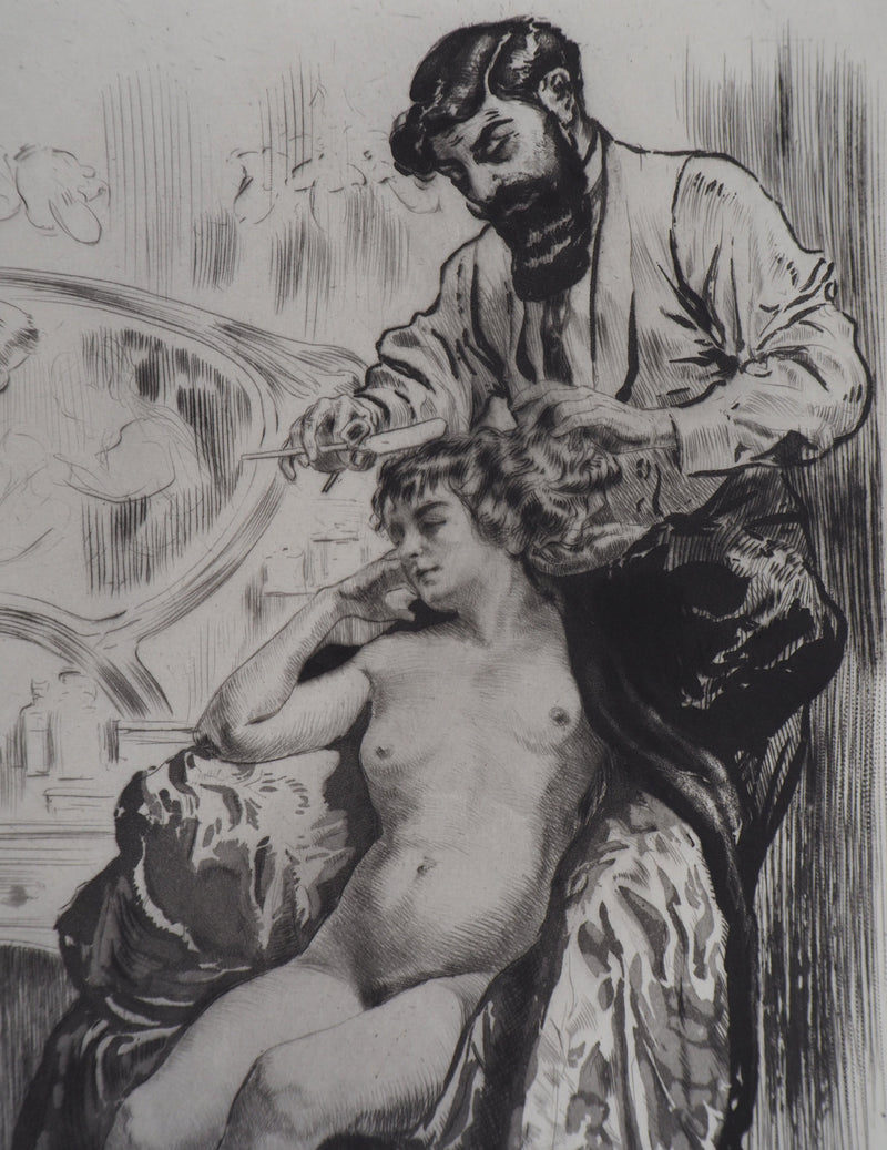 Alméry LOBEL-RICHE : Coiffeur libertin - Gravure (détail)