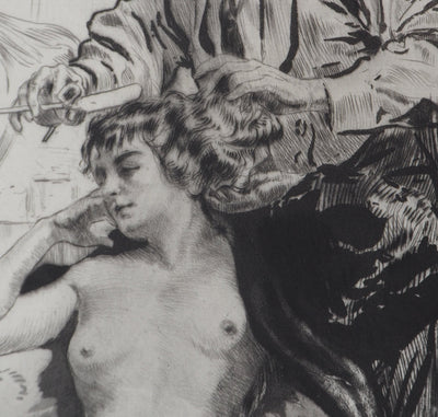 Alméry LOBEL-RICHE : Coiffeur libertin - Gravure (détail)