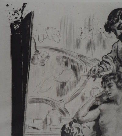 Alméry LOBEL-RICHE : Coiffeur libertin - Gravure (détail)