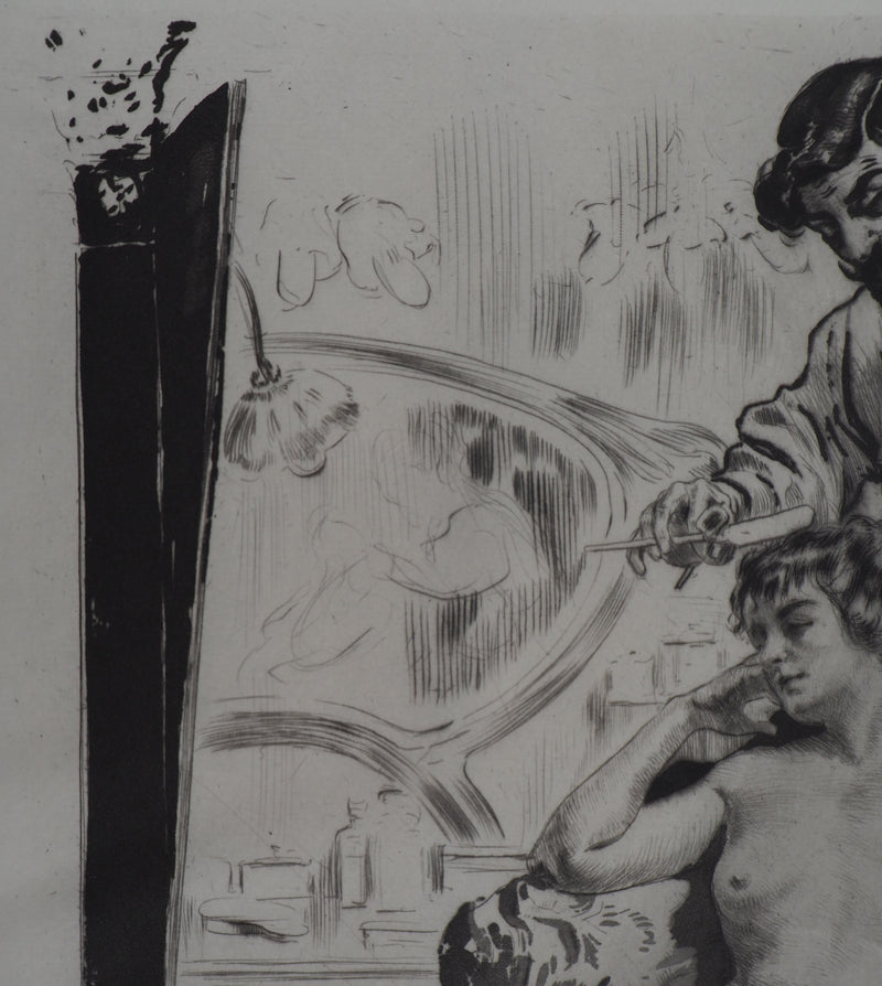 Alméry LOBEL-RICHE : Coiffeur libertin - Gravure (détail)