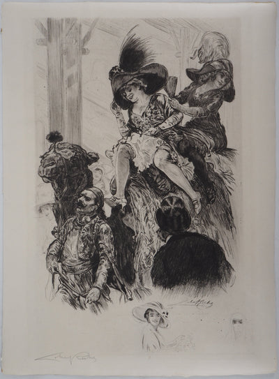 Alméry LOBEL-RICHE : Deux femmes sur un chameau - Gravure (détail)