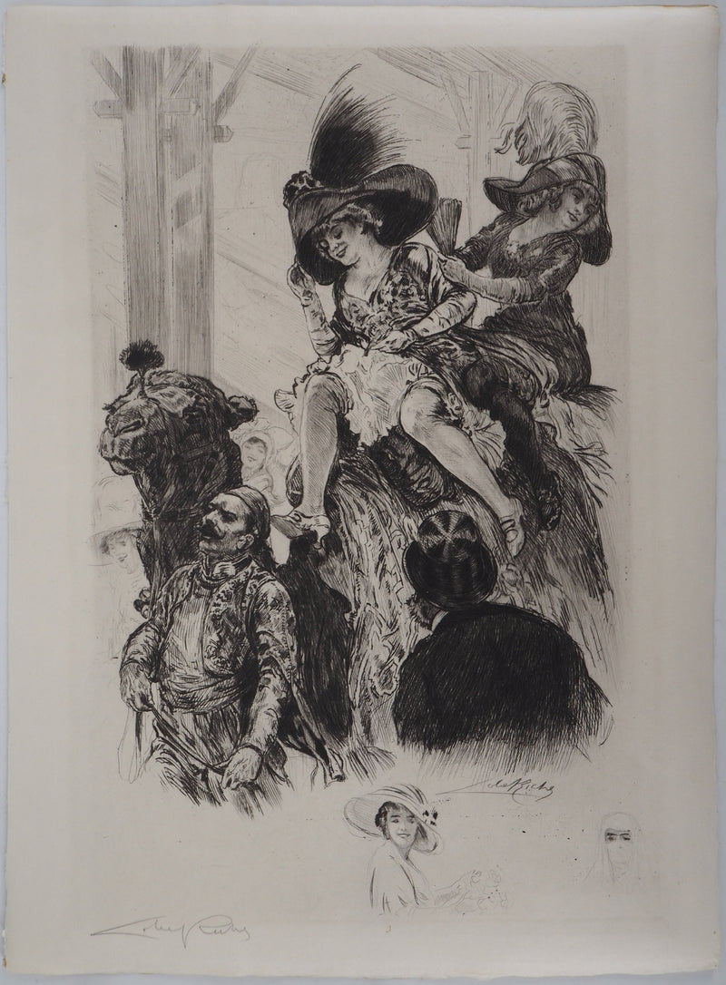 Alméry LOBEL-RICHE : Deux femmes sur un chameau - Gravure (détail)