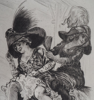 Alméry LOBEL-RICHE : Deux femmes sur un chameau - Gravure (détail)