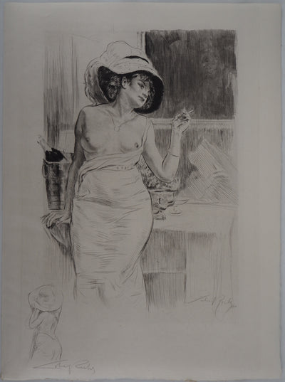 Alméry LOBEL-RICHE : Femme à la fenêtre - Gravure (détail)