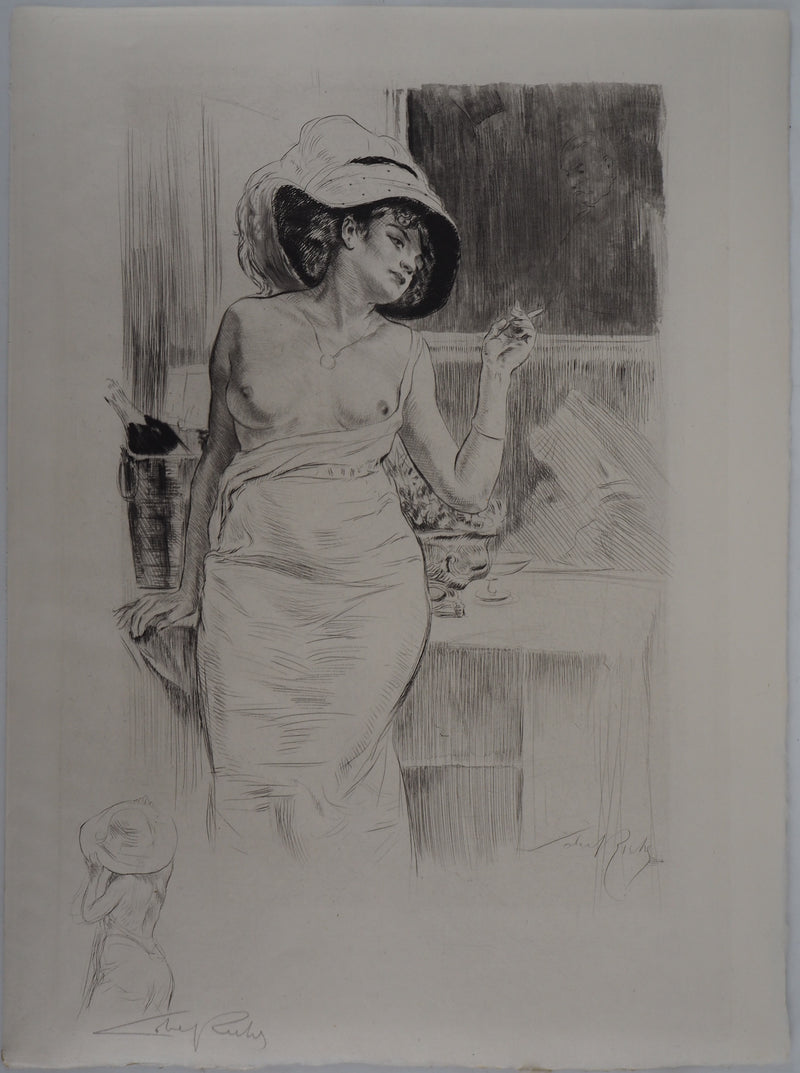 Alméry LOBEL-RICHE : Femme à la fenêtre - Gravure (détail)