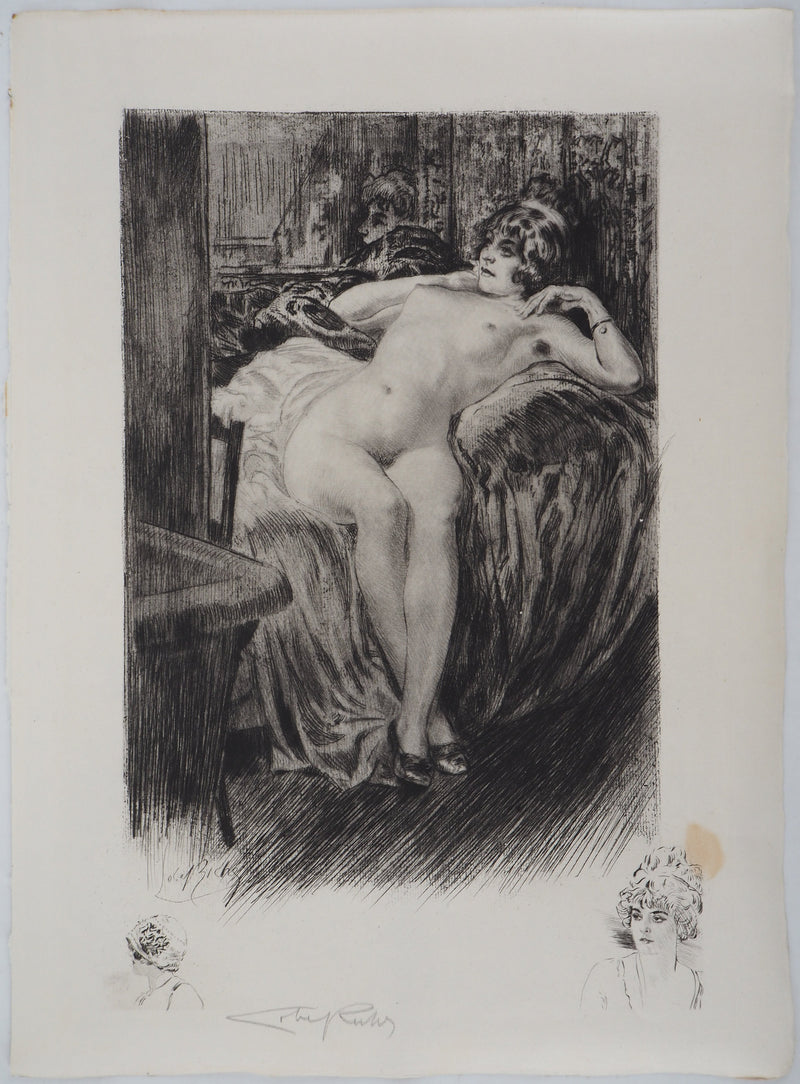 Alméry LOBEL-RICHE : Modèle allongée sur le lit - Gravure (détail)