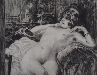 Alméry LOBEL-RICHE : Modèle allongée sur le lit - Gravure (détail)