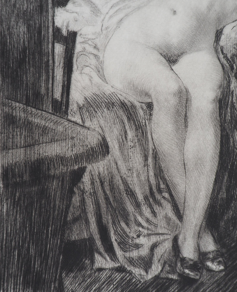 Alméry LOBEL-RICHE : Modèle allongée sur le lit - Gravure (détail)