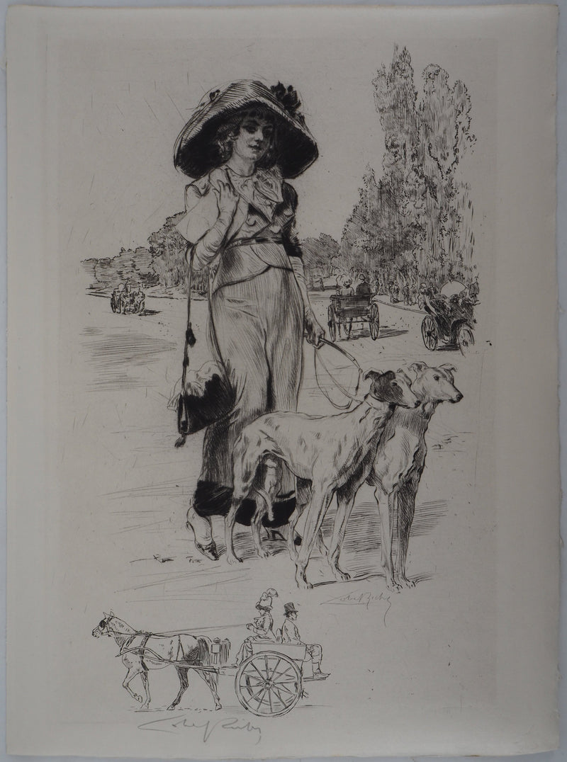 Alméry LOBEL-RICHE : La promenade des chiens - Gravure (détail)
