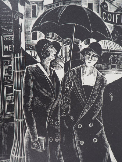 Jean LOMBARD : Sous la pluie, 1925 - Gravure sur bois (détail)