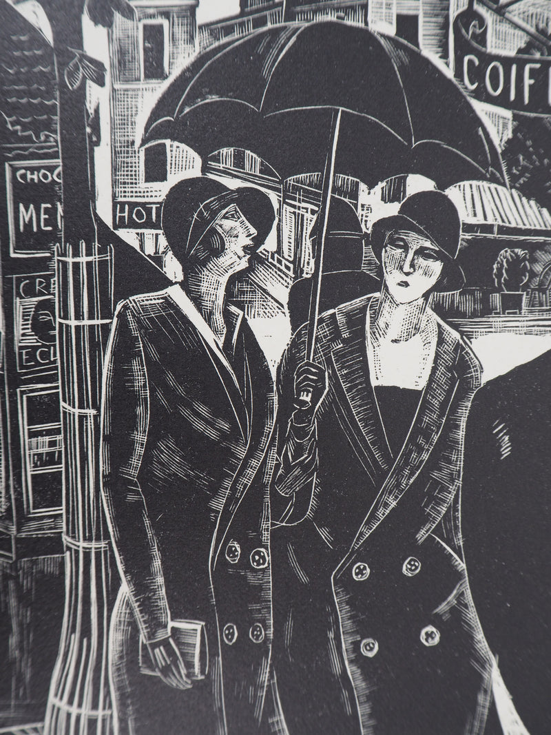 Jean LOMBARD : Sous la pluie, 1925 - Gravure sur bois (détail)