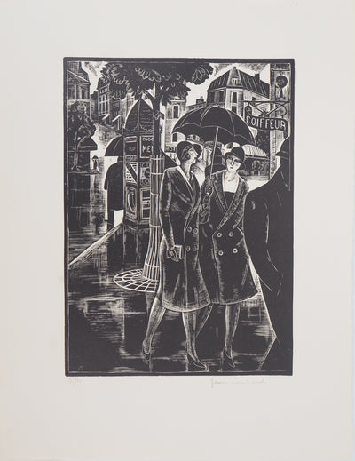 Jean LOMBARD : Sous la pluie, 1925 - Gravure sur bois (détail)