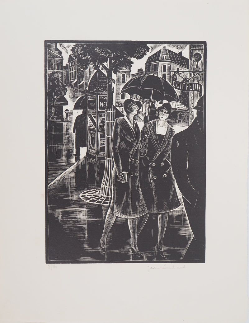 Jean LOMBARD : Sous la pluie, 1925 - Gravure sur bois (détail)