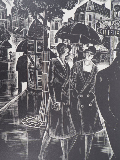 Jean LOMBARD : Sous la pluie, 1925 - Gravure sur bois (détail)