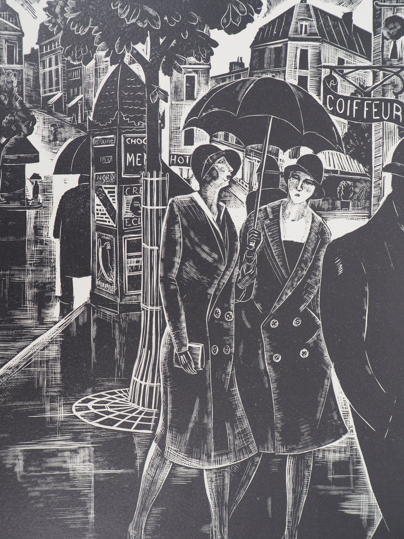 Jean LOMBARD : Sous la pluie, 1925 - Gravure sur bois (détail)