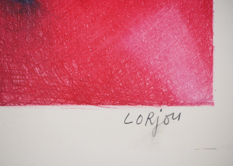 Bernard LORJOU : Personnage sur fond rouge - Gravure (détail)