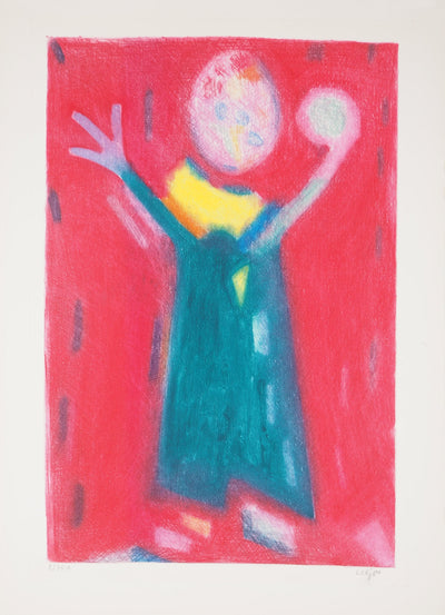 Bernard LORJOU : Personnage sur fond rouge - Gravure (détail)