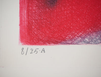Bernard LORJOU : Personnage sur fond rouge - Gravure (détail)