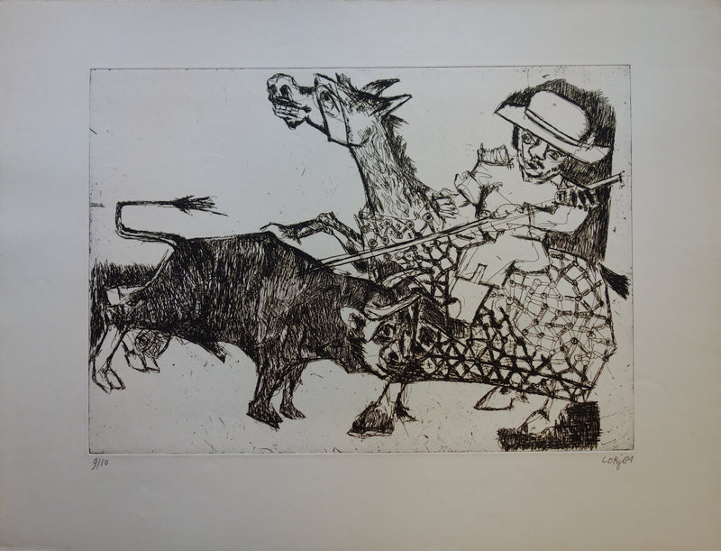 Bernard LORJOU : Picador et taureau - Gravure
