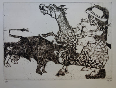Bernard LORJOU : Picador et taureau - Gravure (détail)