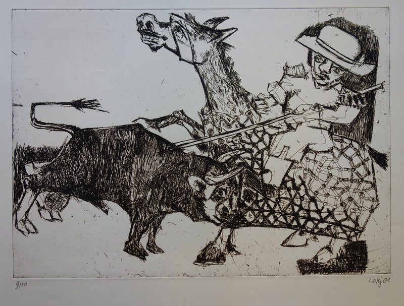 Bernard LORJOU : Picador et taureau - Gravure (détail)