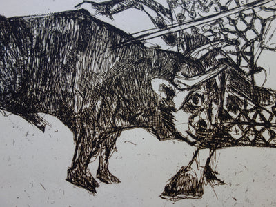 Bernard LORJOU : Picador et taureau - Gravure (détail)