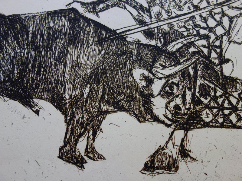 Bernard LORJOU : Picador et taureau - Gravure (détail)