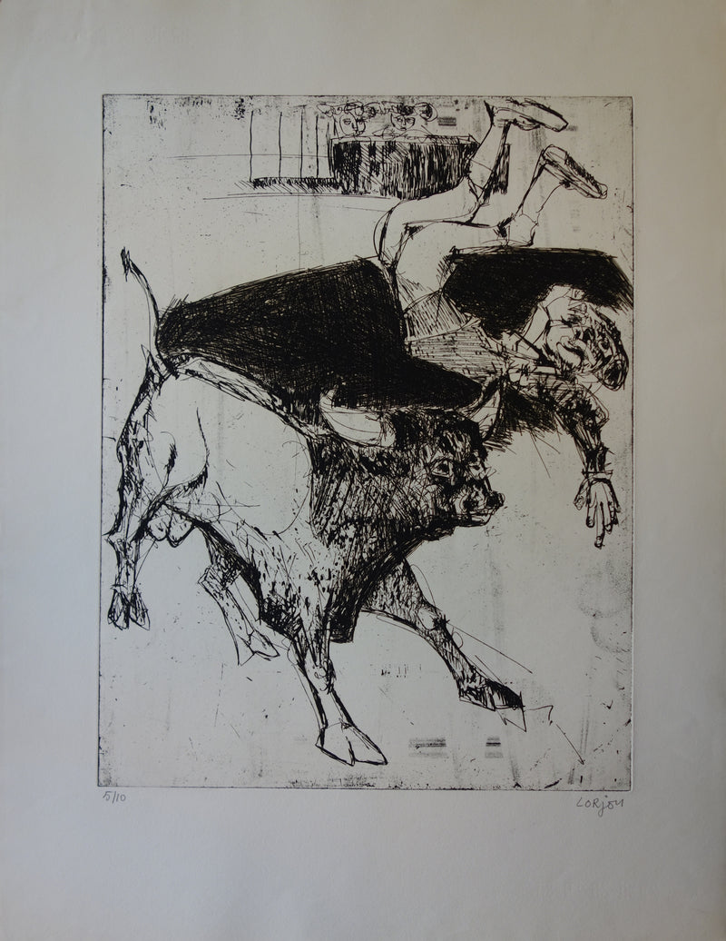 Bernard LORJOU : Torero renversé - Gravure (détail)