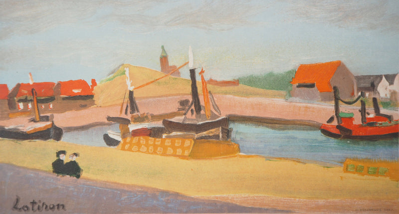 Robert LOTIRON : La Haye : Port de Scheveningen, 1957 - Lithographie (détail)