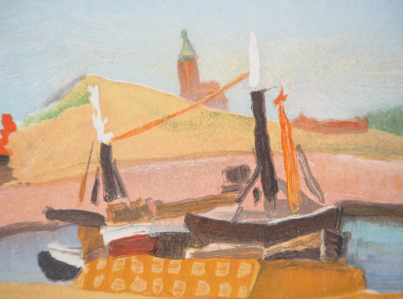 Robert LOTIRON : La Haye : Port de Scheveningen, 1957 - Lithographie (détail)