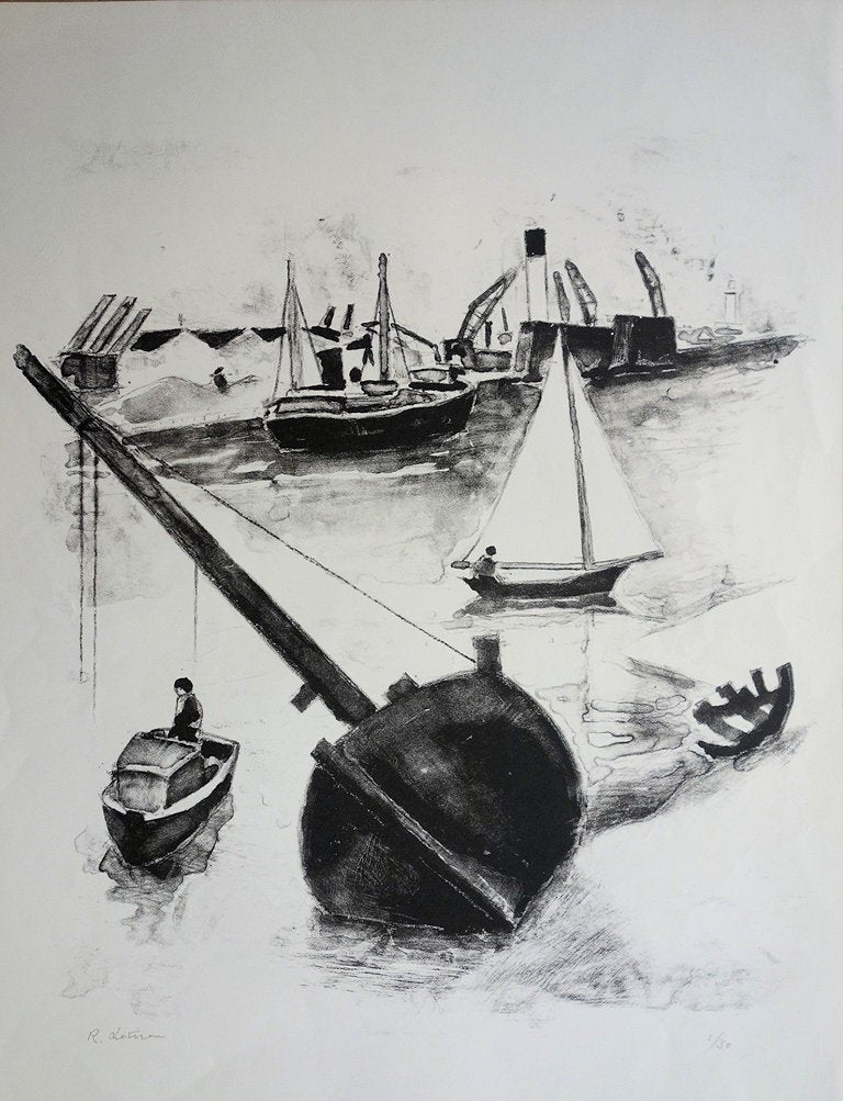 Robert LOTIRON : Port à marée basse - Lithographie