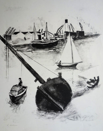 Robert LOTIRON : Port à marée basse - Lithographie (détail)