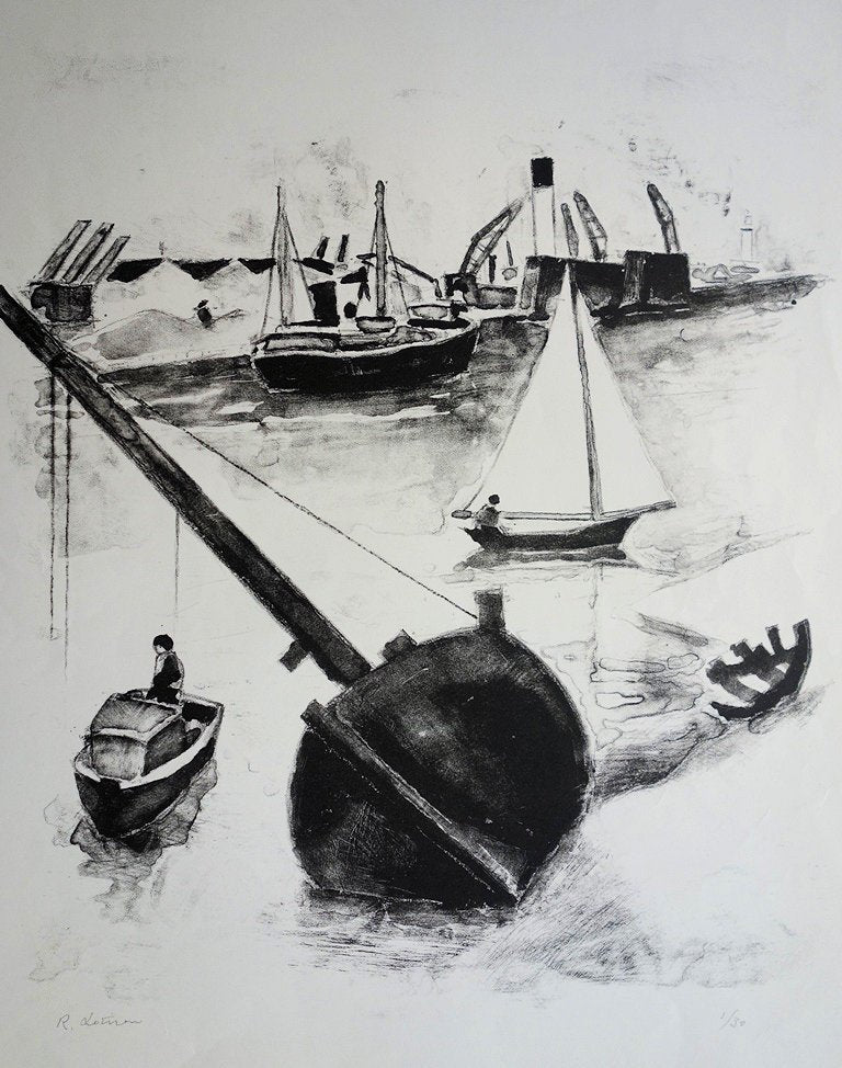 Robert LOTIRON : Port à marée basse - Lithographie (détail)