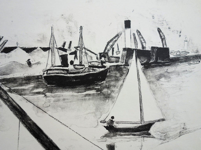 Robert LOTIRON : Port à marée basse - Lithographie (détail)
