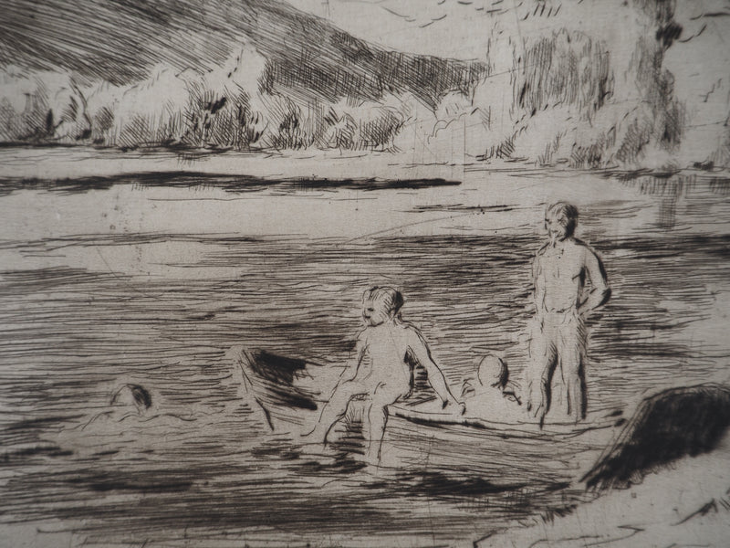 Maximilien LUCE : Baigneurs à la rivière, Bessy - Gravure (détail)
