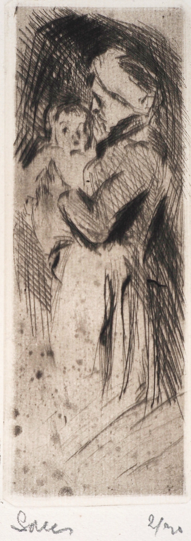 Maximilien LUCE : Grand-mère cajolant son petit-enfant  - Gravure (détail)