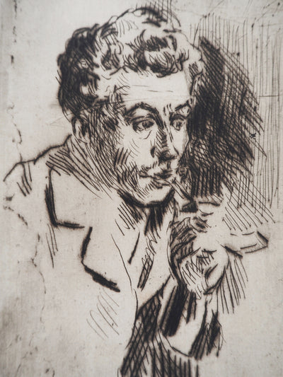 Maximilien LUCE : Homme à la cigarette ( portrait de Jean Peské)  - Gravure (détail)