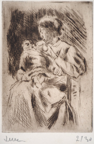 Maximilien LUCE : La Maternité : une mère et son nouveau-né  - Gravure (détail)