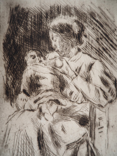 Maximilien LUCE : La Maternité : une mère et son nouveau-né  - Gravure (détail)
