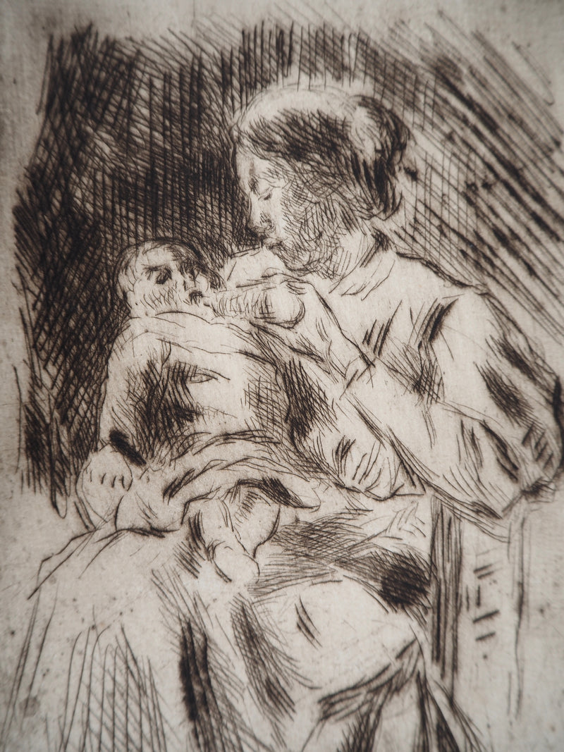 Maximilien LUCE : La Maternité : une mère et son nouveau-né  - Gravure (détail)