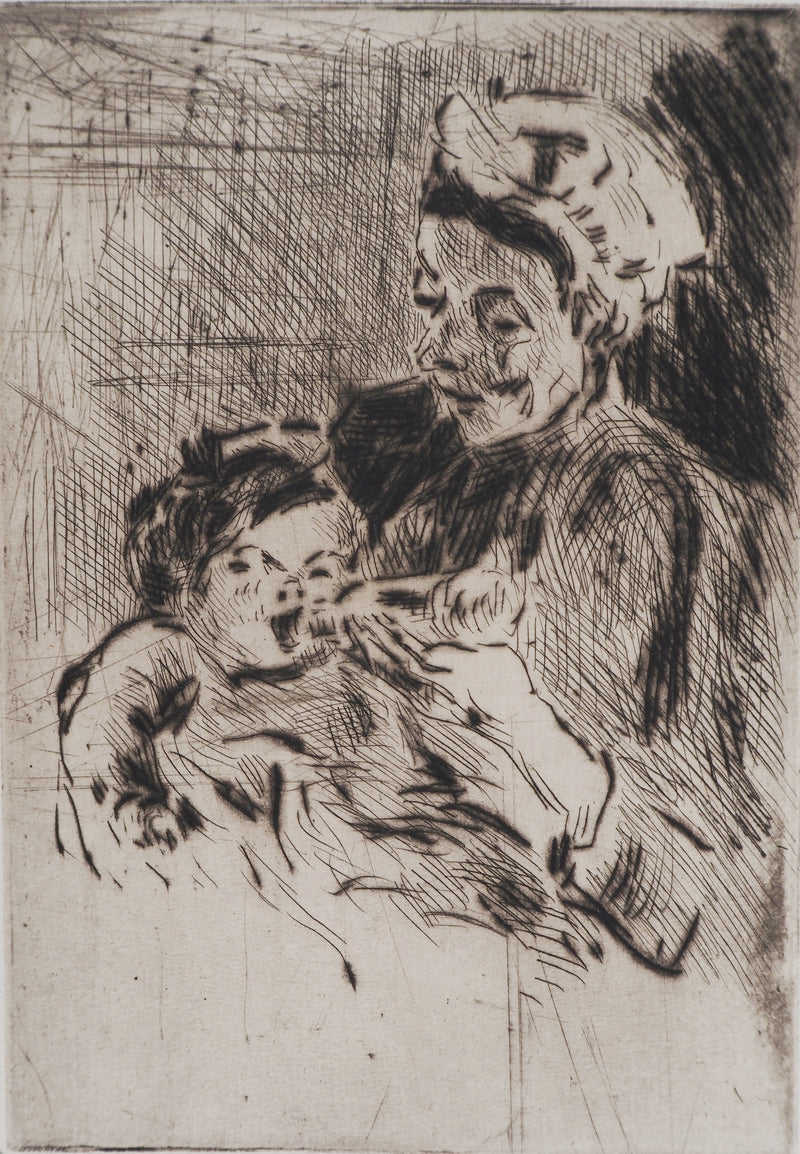 Maximilien LUCE : La Nourrice et le nouveau-né  - Gravure (détail)