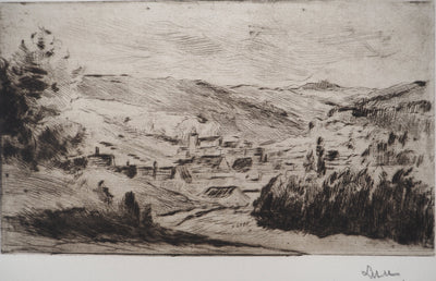 Maximilien LUCE : Paysage d'un village de Yonne  - Gravure (détail)