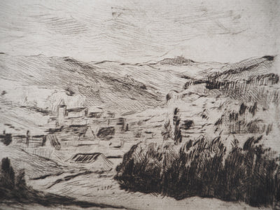 Maximilien LUCE : Paysage d'un village de Yonne  - Gravure (détail)