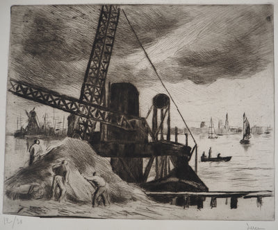 Maximilien LUCE : Grue du port de Rotterdam - Gravure (détail)