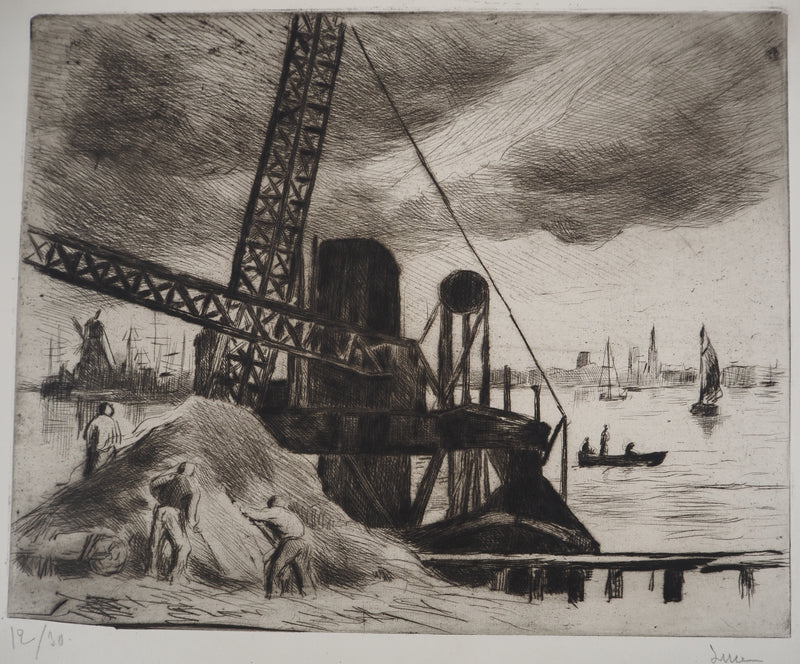 Maximilien LUCE : Grue du port de Rotterdam - Gravure (détail)
