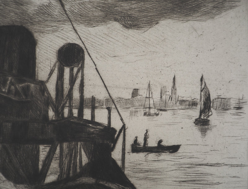 Maximilien LUCE : Grue du port de Rotterdam - Gravure (détail)