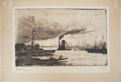 Maximilien LUCE : Rotterdam, voiliers à quai et fumée dans le port - Gravure