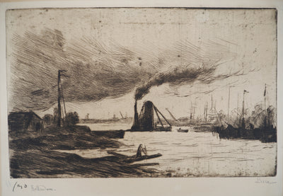 Maximilien LUCE : Rotterdam, voiliers à quai et fumée dans le port - Gravure (détail)
